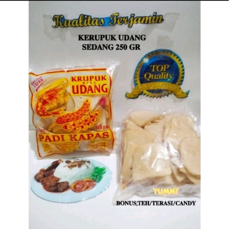 

OLEH2 KHAS CIREBON KERUPUK UDANG SEDANG PADI KAPAS ASLI PABRIK @250 GR BONUS TEH/TERASI ENAK