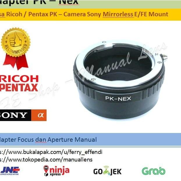 Adapter PK-Nex - Pentax K  To Sony Nex, A5, A6, A7x (Fullframe) .