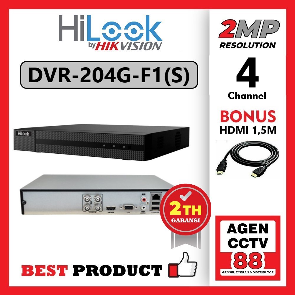 DVR CCTV HILOOK 4CH Turbo HD 2MP DVR-204G-F1 FREE 1KBL HDMI+KBL-LAN