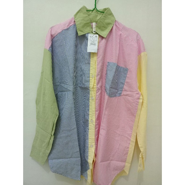 Kemeja Oversized motif Salur Stripe Rainbow ala Stradivarius Pull & Bear NEW