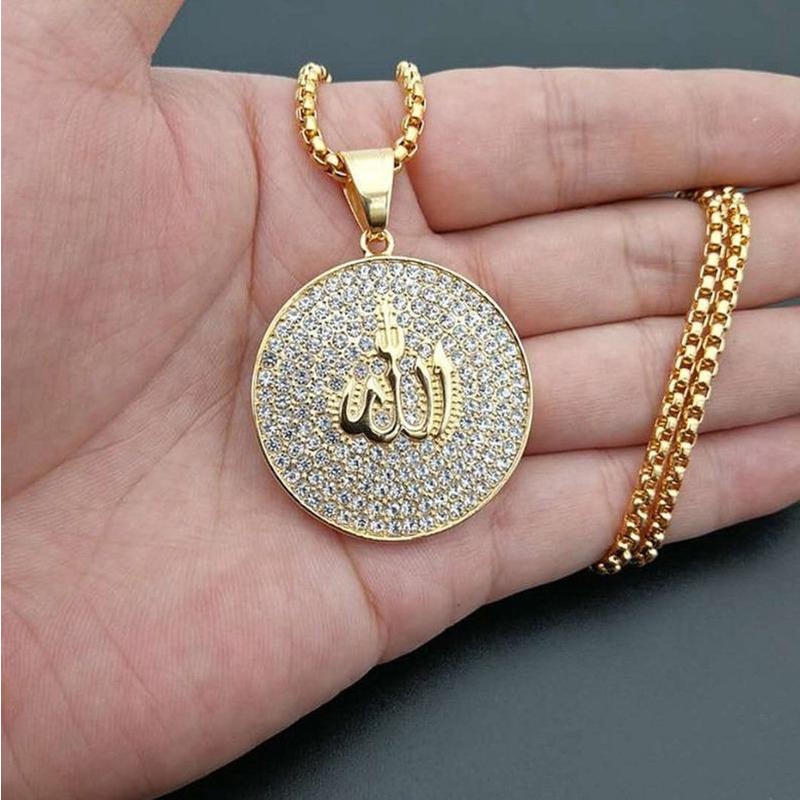 2022 Kalung Rantai Dengan Liontin Bulat Motif Tulisan Arab Allah Aksen Zircon Untuk Unisex