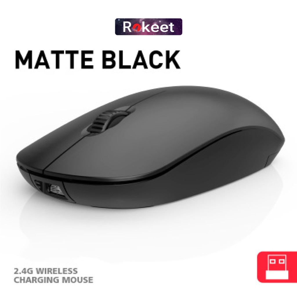 Rokeet Mouse Wireless Silent Click Rechargeable Optical Mouse Gaming 2.4Ghz-Hitam