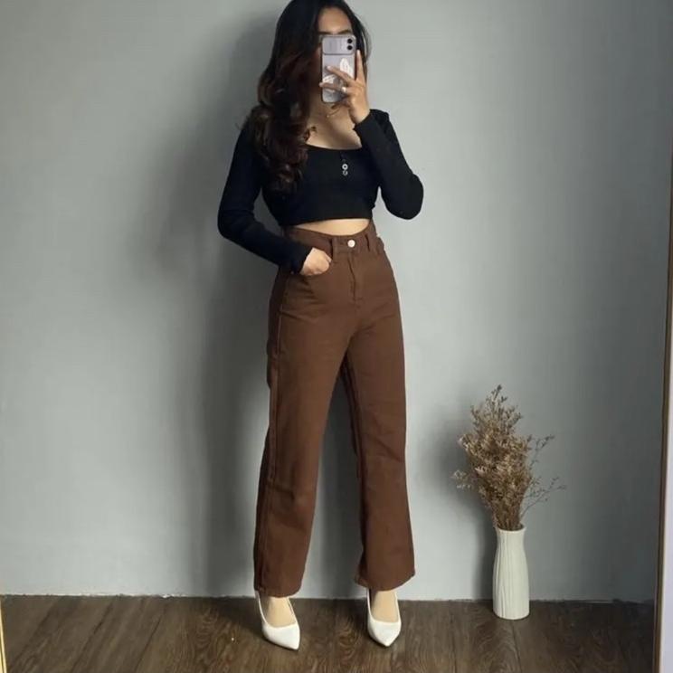 Harga Bersahabat.. Sevins - celana panjang highwaist kulot jeans army coklat/kulot jeans wanita