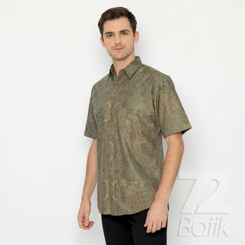 KEMEJA BATIK PRIA Lengan Pendek Motif Sekar Jagad Hijau Warna Alam 721229 Cap 72