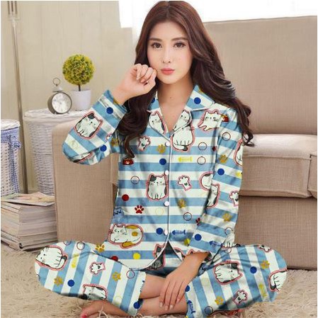 Baju Tidur Wanita Dewasa Jumbo Setelan Piyama Lengan Panjang Motif Kucing