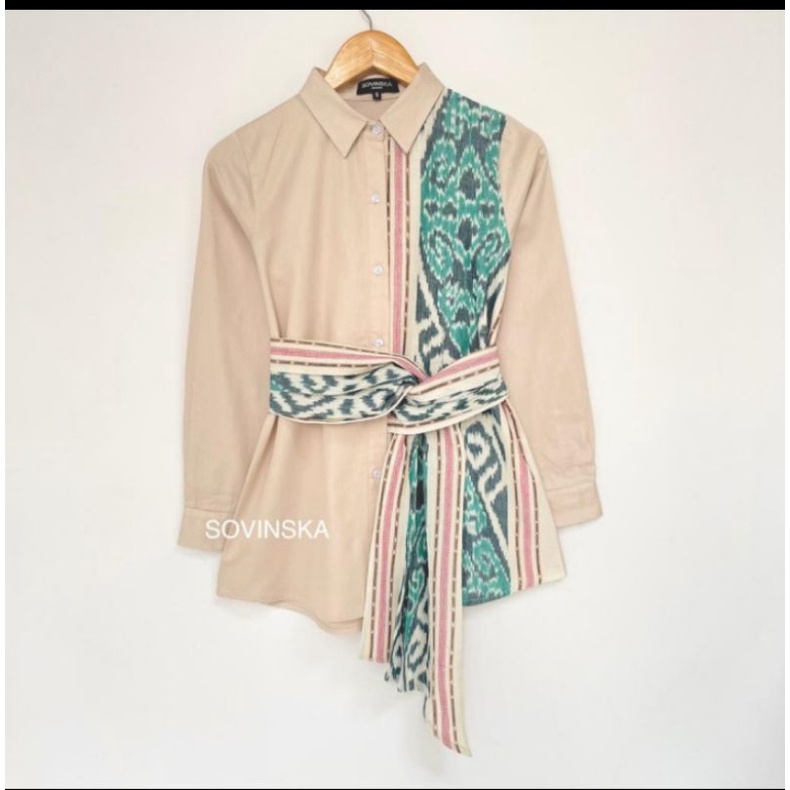 Atasan Tenun WP 228 Cream Kemeja Lengan Panjang Wanita Hem motif Batik Baju Kerja by Sovinska