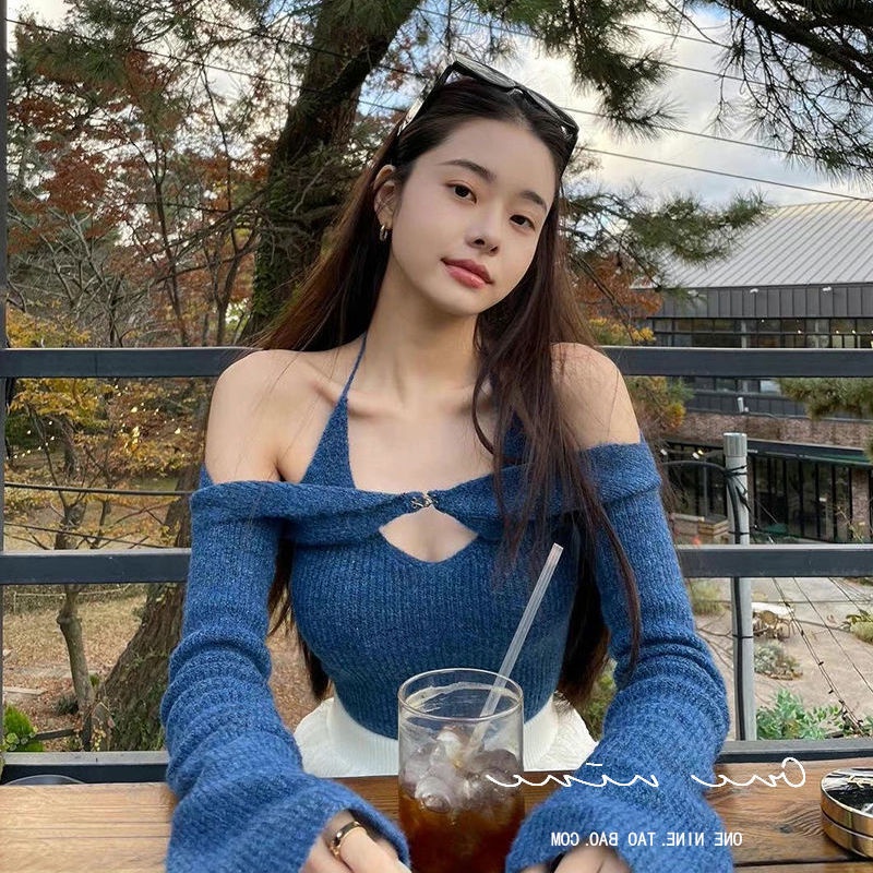 import single that is hell song jiya blue sweater women s halter strap two-piece top knit sweater wi