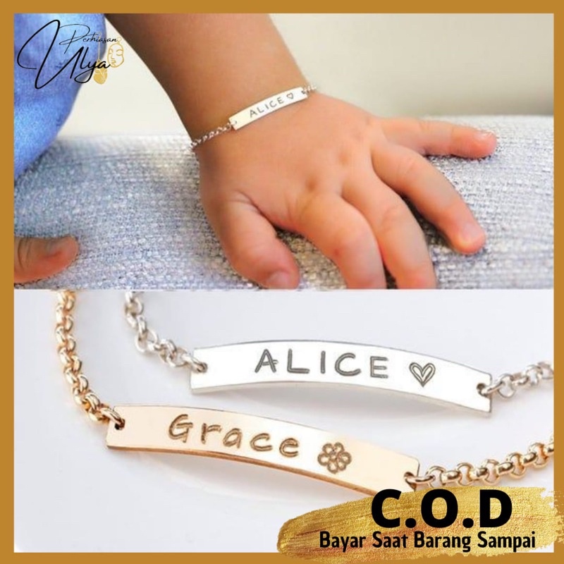 PERHIASAN AKSESORIS GELANG BRACELET ANAK BAYI PEREMPUAN UKIR NAMA TITANIUM LAPIS EMAS ANTI KARAT