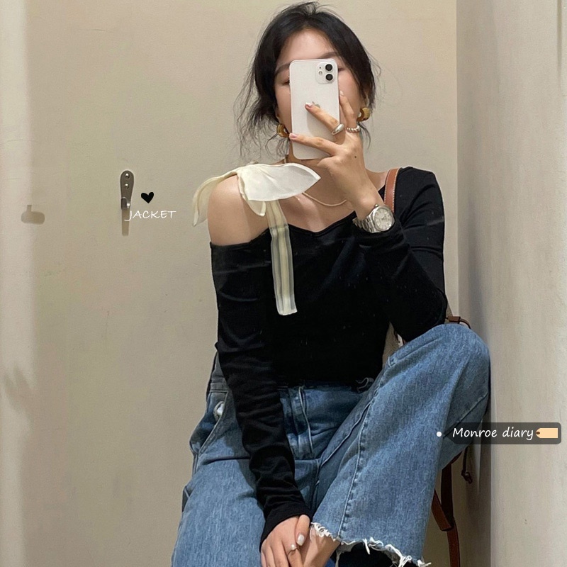 Bahasa Perancis Chic Miring Bahu Desain Rasa Hitam Lengan Panjang T-shirt Wanita Busur Simpul Slim F