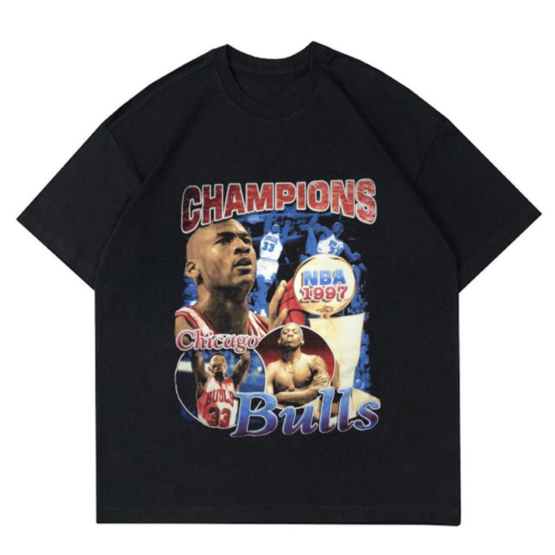 Kaos Champions Chicago Bulls Tee Merch Baju NBA Basket 1997 Vintage Oversize Oversized T-Shirt Distr