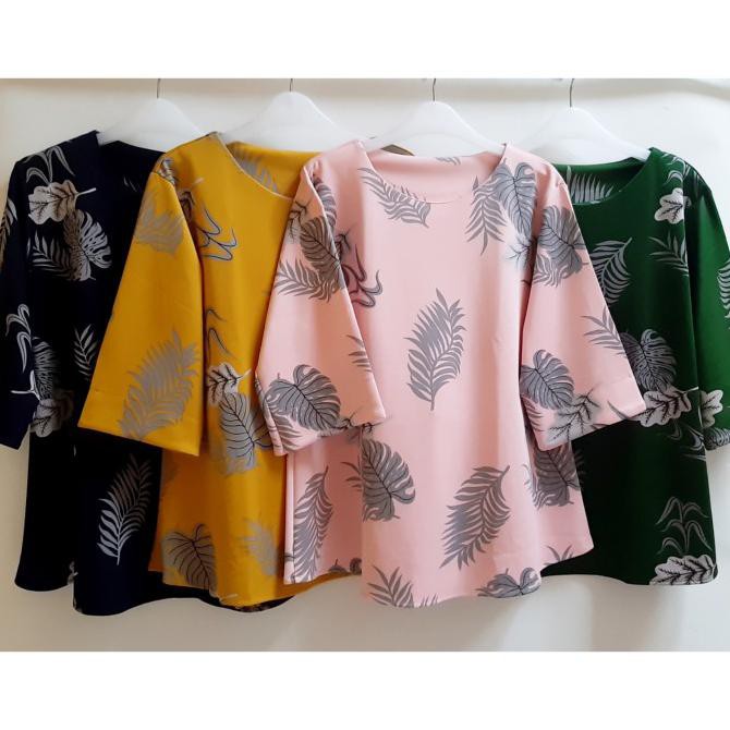 BAJU ATASAN WANITA JUMBO BLOUSE SCUBA MOTIF DAUN BIG SIZE JUMBO - NAVY