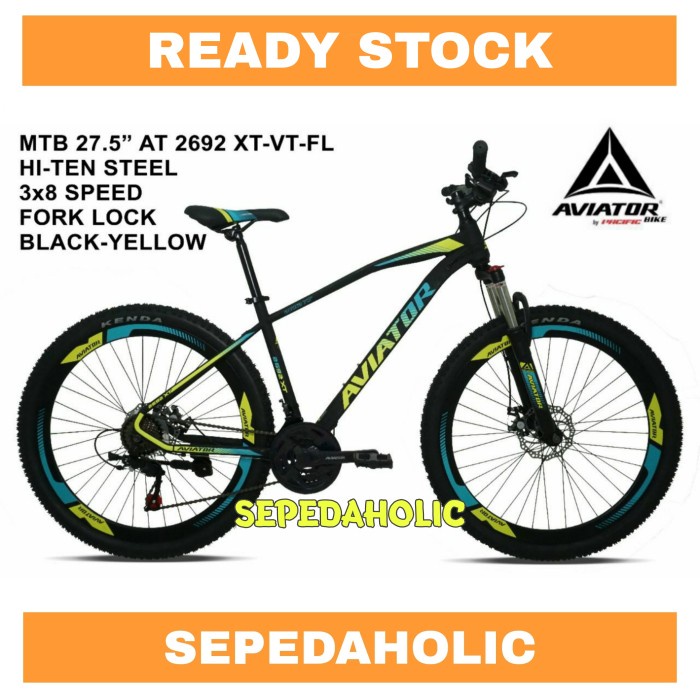 Sepeda Gunung 27.5 Inch MTB AVIATOR AT 2692 XT VT FL 24 Speed - Black Yellow