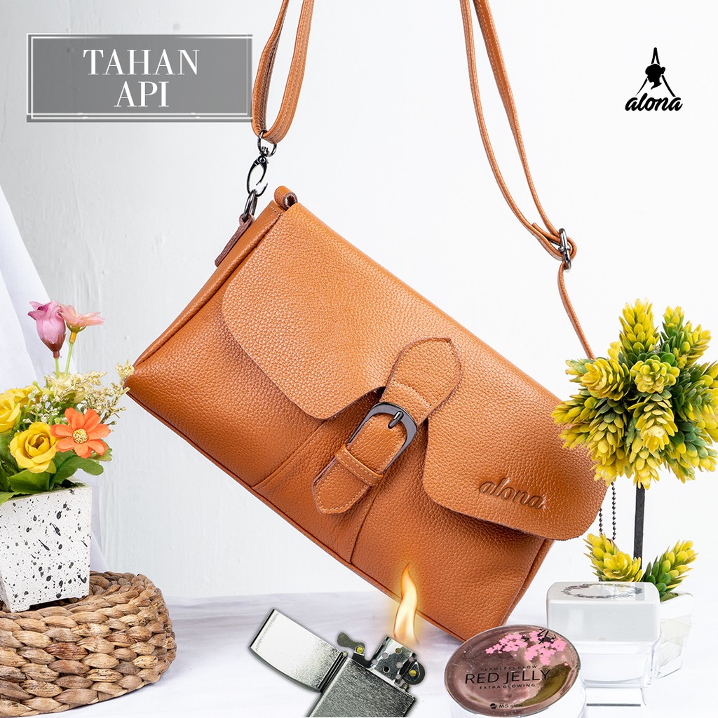 Tas Wanita Branded Model Selempang Slempang Bahu Bahan 100% Kulit Sapi Asli Original Alona Charlotte Leather Sling Bag