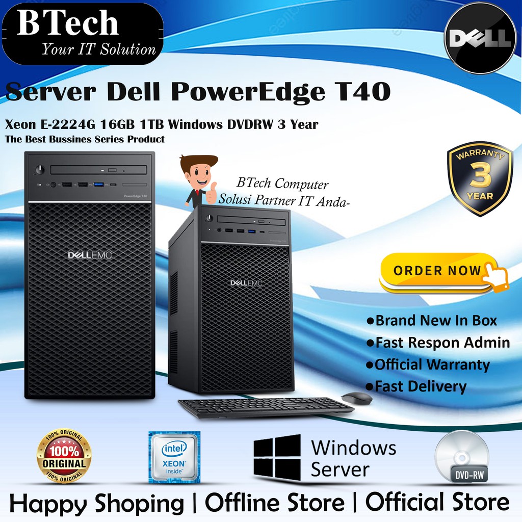 Server Dell PowerEdge T40 Xeon E-2224G 16GB 1TB Windows DVDRW 3 Year