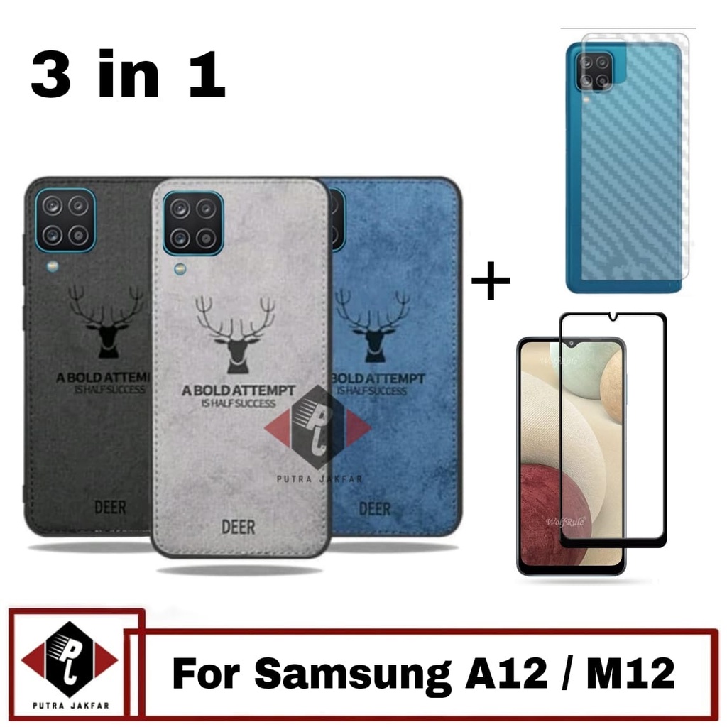 Paket 3in1 Case Deer Samsung A12 / M12 Anti Gores Layar Free Garskin