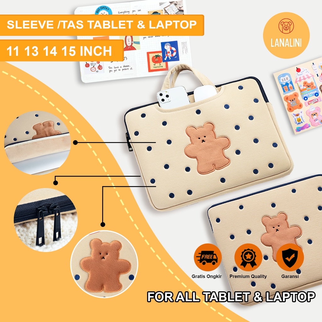 Sleeve Pouch Sarung Tas Bag Case Ipad Tab Tablet Macbook Air Pro Laptop Asus Acer Lenovo HP Huawei 11 12 13 14 15 inch Motif Gambar Beruang Bear Warna Cream Krem Biru Coklat Polkadot Lucu Cute Murah Korean Model Tali Jinjing Banyak Slot Ruang Stationary