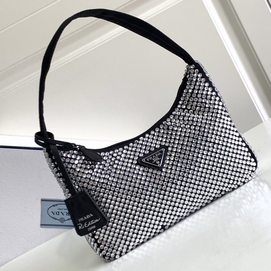 【Stock Ready】Original New Prada 2000 Women's Nylon Flash Diamond Hobo Shoulder Bag Handbag/Underarm 