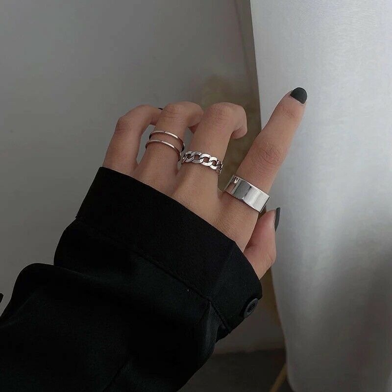 Versi Korea Gaya Baru Tiga Potong Set Cincin Sederhana Pembukaan Dapat Disesuaikan Cincin ins Influencer Rantai Unik Jari Telunjuk Cincin