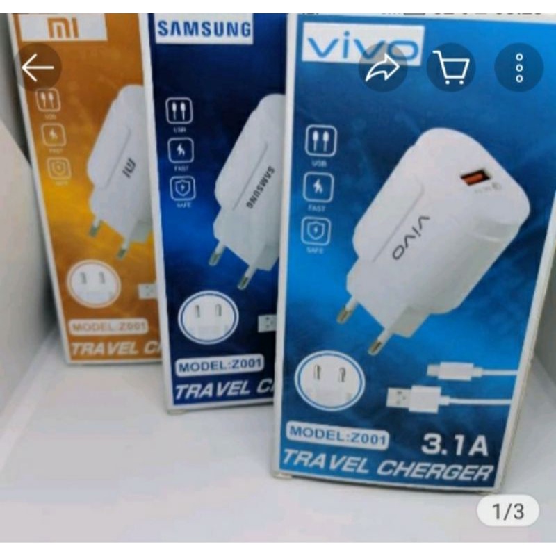 TRAVEL CHARGER VIVO SAMSUNG XIAOMI OPPO MODEL ZOO1 3.1A TC. 3.1A