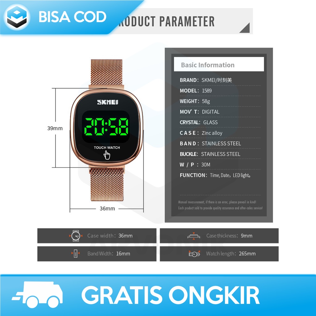 JAM TANGAN COUPLE PRIA WANITA DIGITAL LED ASLI SKMEI 1589 TOUCH SCREEN