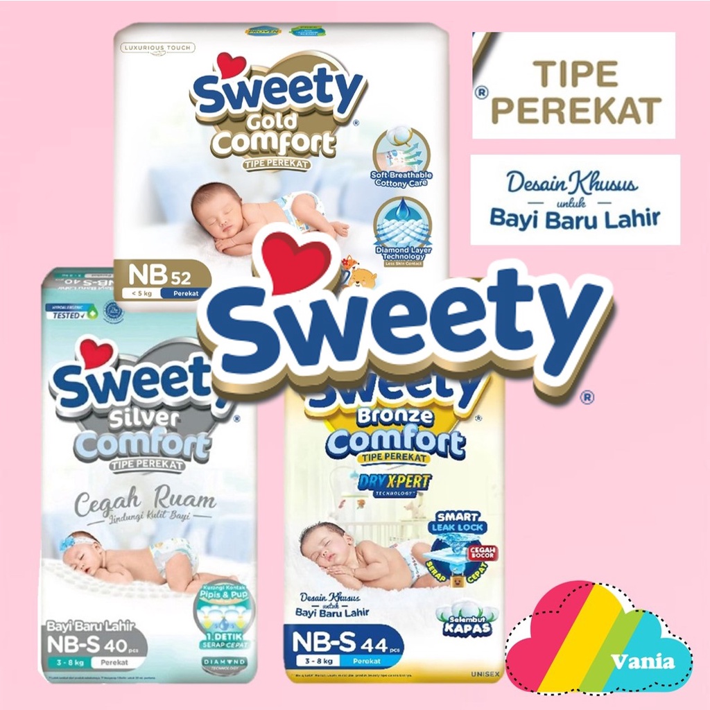 SWEETY new born newborn perekat GOLD SILVER BRONZE dryxpert dry xpert COMFORT perekat popok bayi baru lahir tape new born newborn baby diapers boys girls unisex NB52 NB 52 NB-52 nbs40 nbs 40 nbs-40 nb-s 40 NBS44 NBS 44 NBS-44 NB-S44 nb-s 44 nb40 m40 m 40