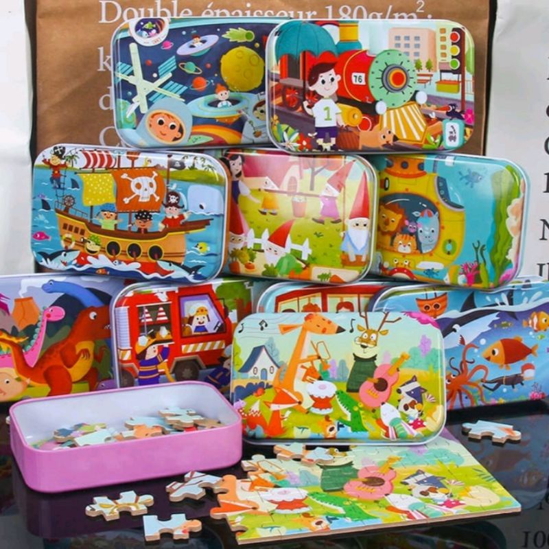 Mainan Edukasi Montessori Anak Puzzle Kayu isi 60 pcs Puzzle Kaleng