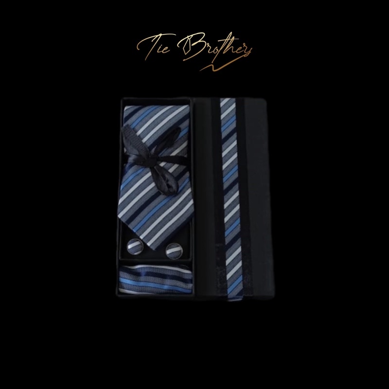 set dasi panjang long tie dusty blue biru muda + pocket square motif garis blue + cufflinks french c