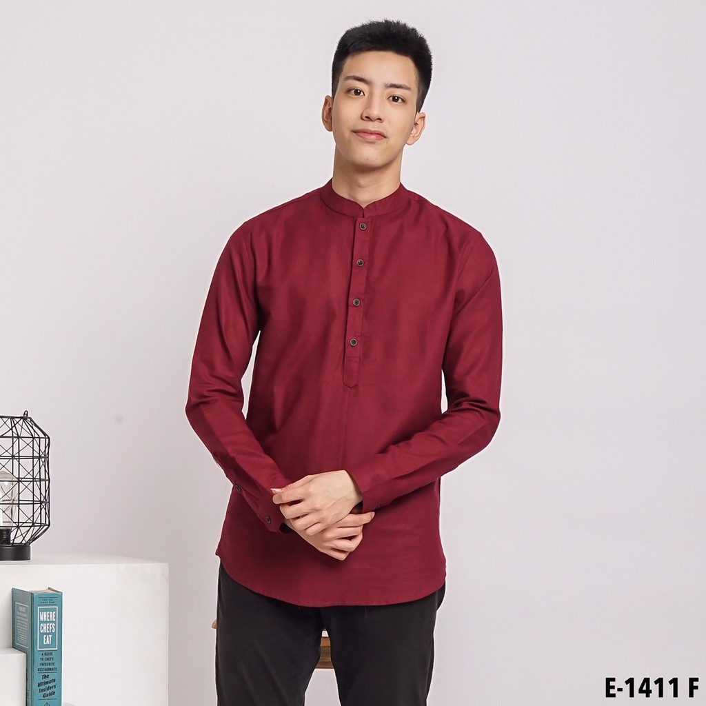 Kemeja pria lengan panjang kerah koko shanghai | kemeja koko lengan panjang merah marun | baju koko