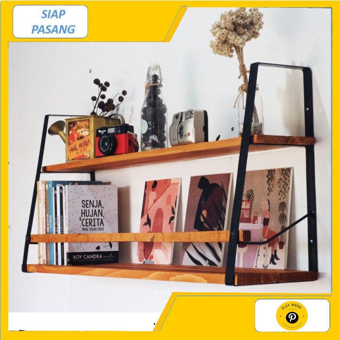 Unik Kuska Rak Dinding 2 Ambalan Kayu Besi Dapur Tempat Buku Minimalis / Rak Dinding Dapur / Rak