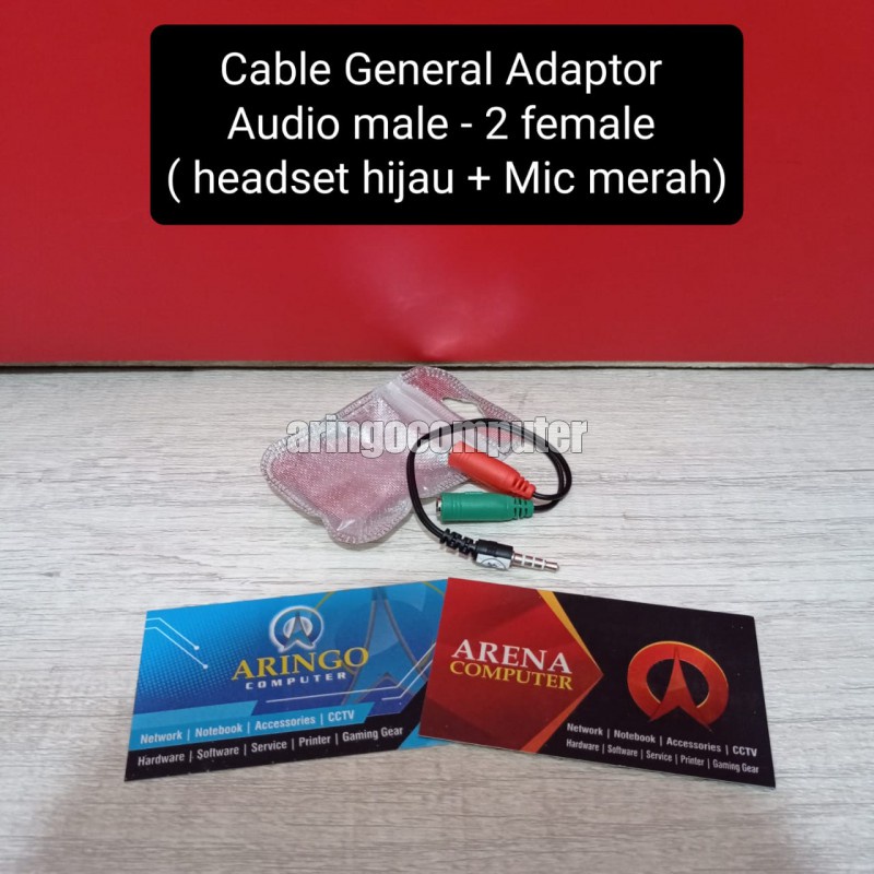 Cable General Adaptor Audio male - 2 female ( headset hijau + Mic merah)