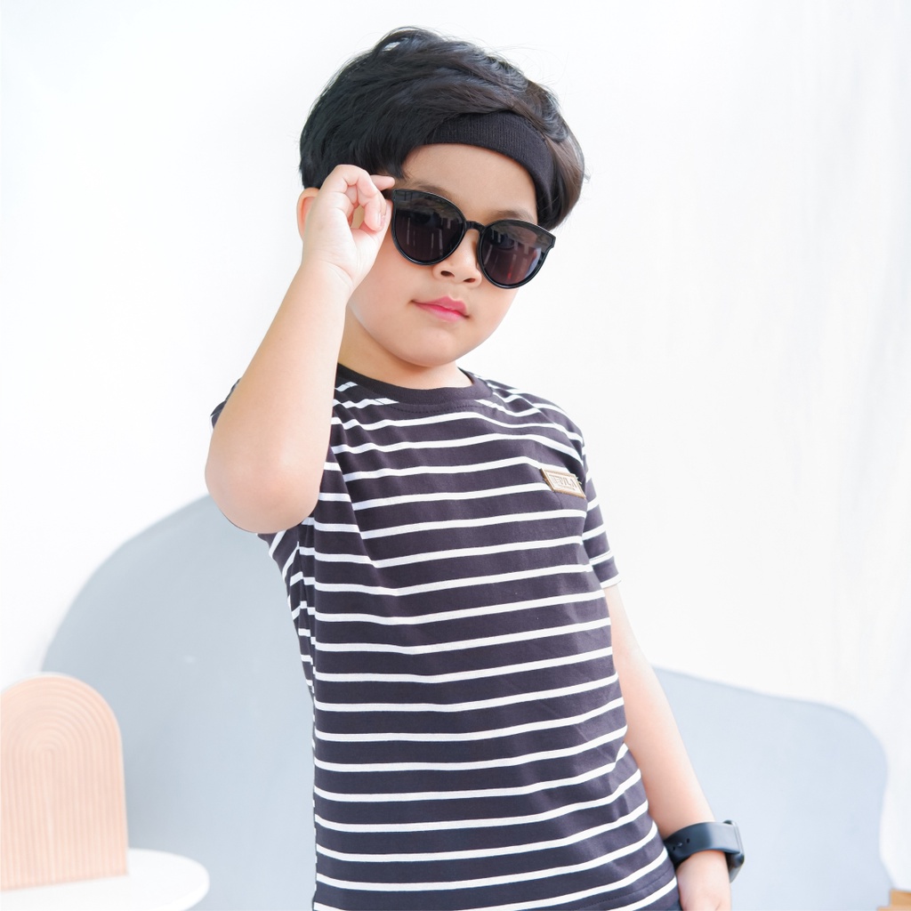 Kaos Stripe Garis Anak Laki Laki Perempuan Branded Unisex Original Premium | Mevla Kids - Uzuki Black