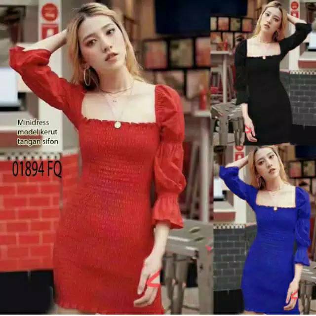 Dress sabrina full kerut tangan 3/4