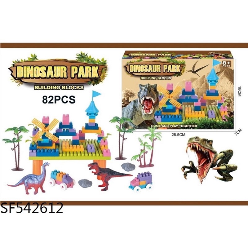 block brick dinosaur theme park set isi 82pc susun balok jurassic dinosaurus kincir castle box