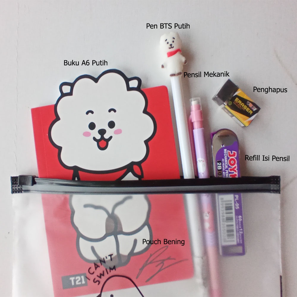 

PAKET ALAT TULIS / ALAT TULIS SET KPOP / STATIONERY SET / BUKU A6 BTS PULPEN KARAKTER BTS21 RJ POUCH