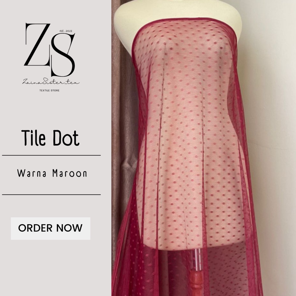 Bahan Kain Tile Tille Tule Tulle Dot Dotty Warna Merah Maroon Marun