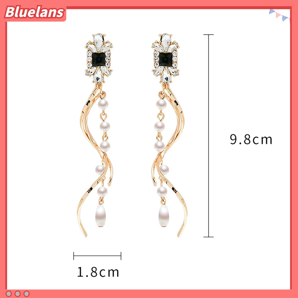 Anting Stud Panjang Menjuntai Aksen Mutiara Berlian Imitasi Untuk Hadiah Wanita