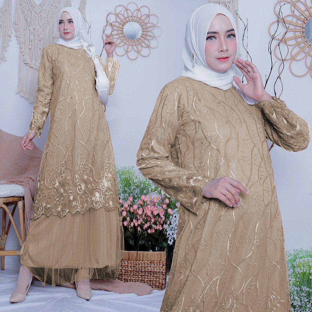 GAMIS BRUKAT TILE DEPAN - Aldine Baju Gamis Brukat Tile Remaja Dewasa Seragam Pesta Wanita Muslim - Allsize Jumbo Kain Tule Depan Saja