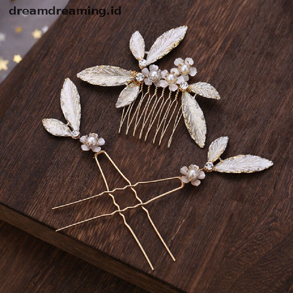 (dreamdreaming.id) 3pcs / Set Sirkam Motif Daun Aksen Mutiara Imitasi Untuk Aksesoris Pengantin Wanita