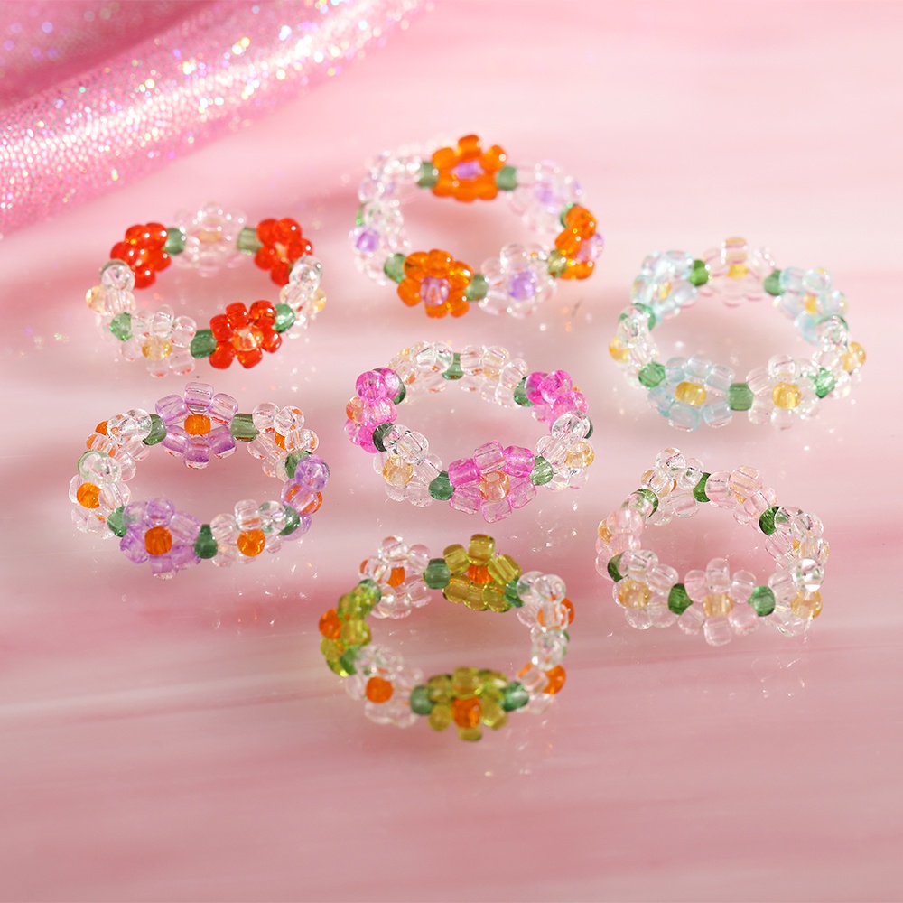 Ins Korean Colorful Beads Rings Fashion Flowers Ring Transparent Bead Women Jewelry Accessories Gift