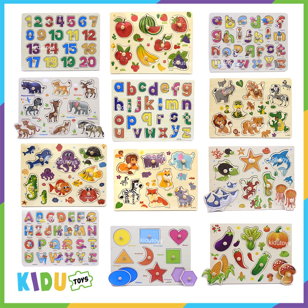 Mainan Anak Puzzle Knob Kayu Huruf / Angka / Hewan / Sayur / Buah (Beli 3 = HARGA GROSIR, Boleh Mix) Kidu Toys