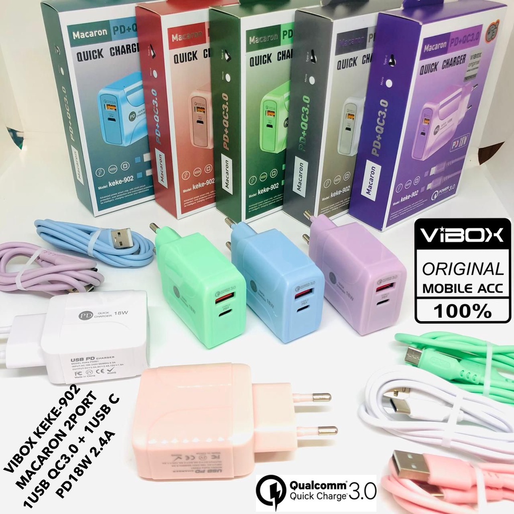 PROMO Charger 3.1A Cable USB Micro USB dan Type-C Fast Charging VIBOX KEKE-902  MACARON 2PORT 1USB QC3.0 + 1USB C  PD18W 2.4A