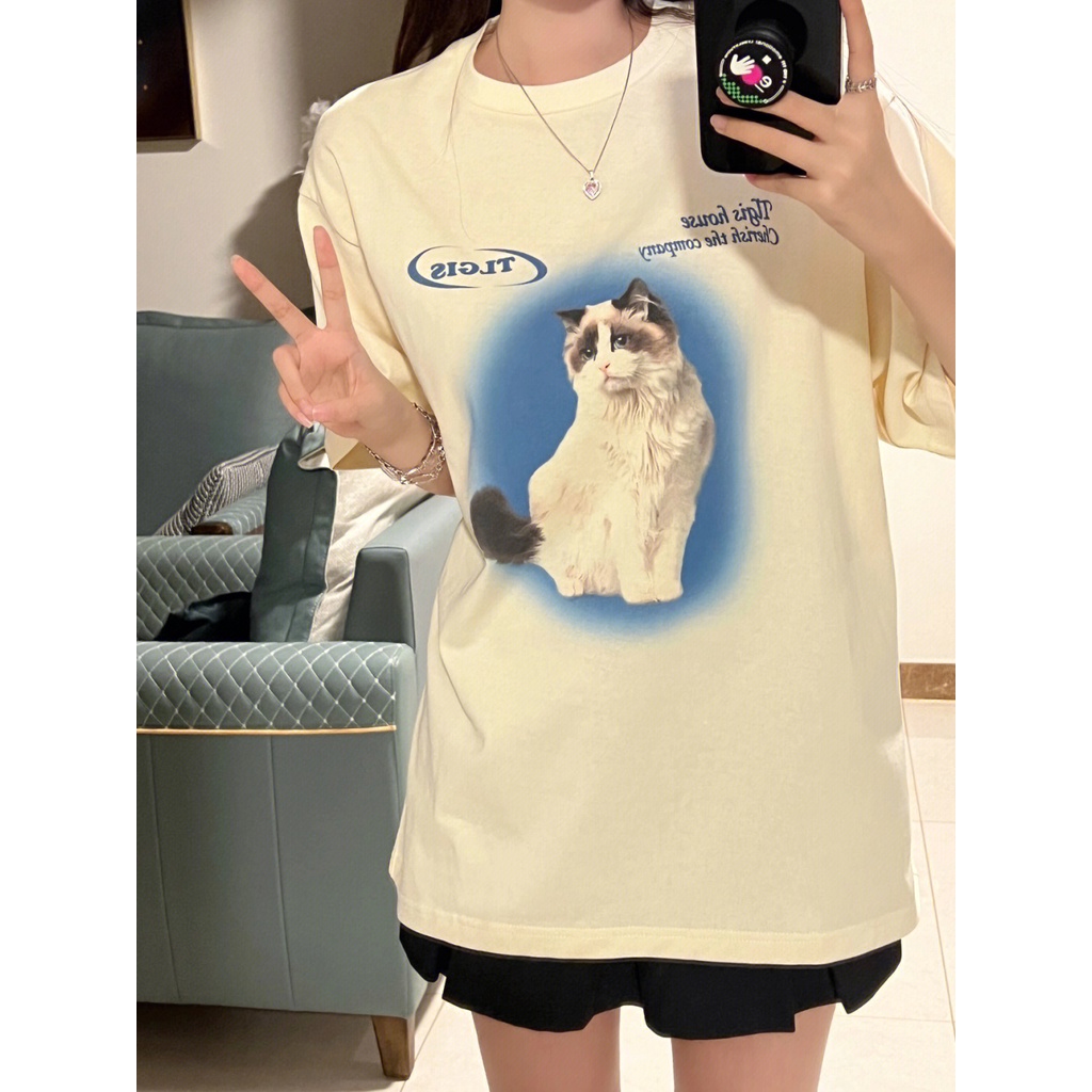 [100%  Katun]Cat Kaos Lengan Pendek Cream Atasan Wanita Oversize Printed T-shirt Kekinian Korean Style