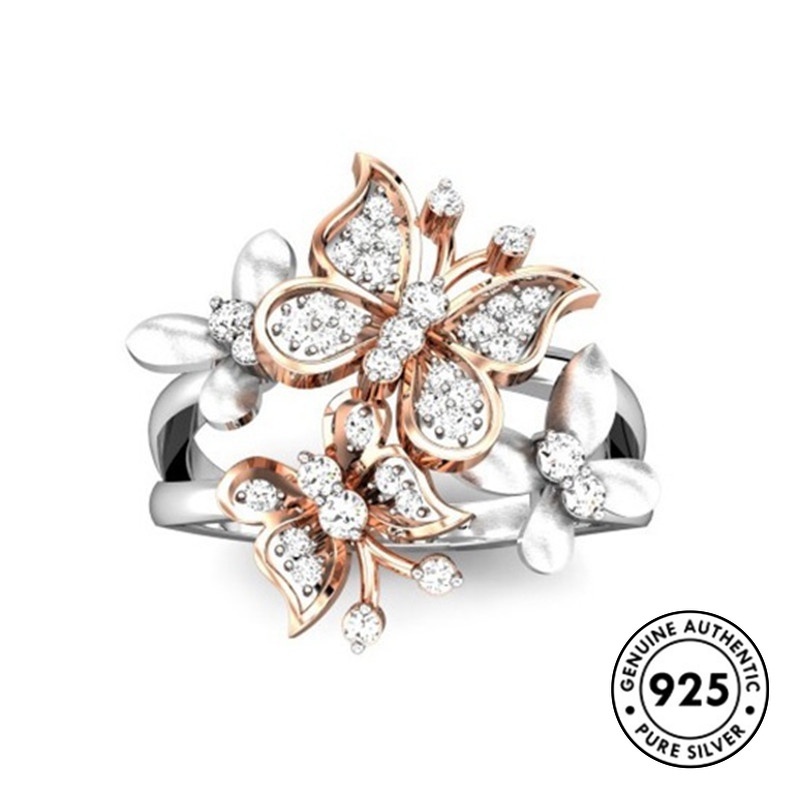 Cincin Bentuk Kupu-Kupu Aksen Berlian Bahan S925 Silver Plated Warna Rose Gold Butterfly