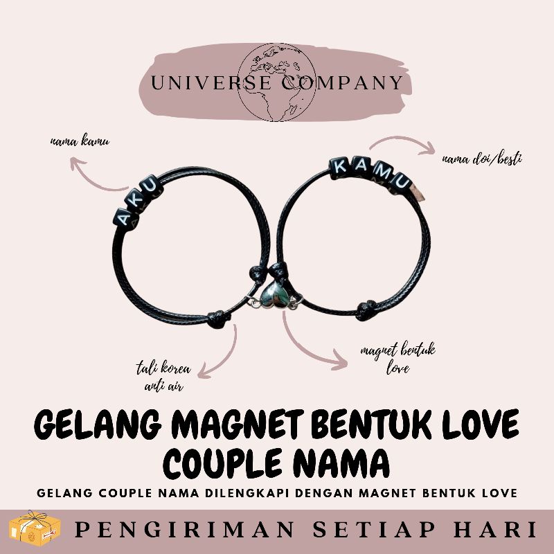 [UC] 2 PCS GELANG MAGNET BENTUK LOVE COUPLE NAMA / GELANG CUSTOM NAMA / GELANG TALI KOREA / GELANG MAGNET