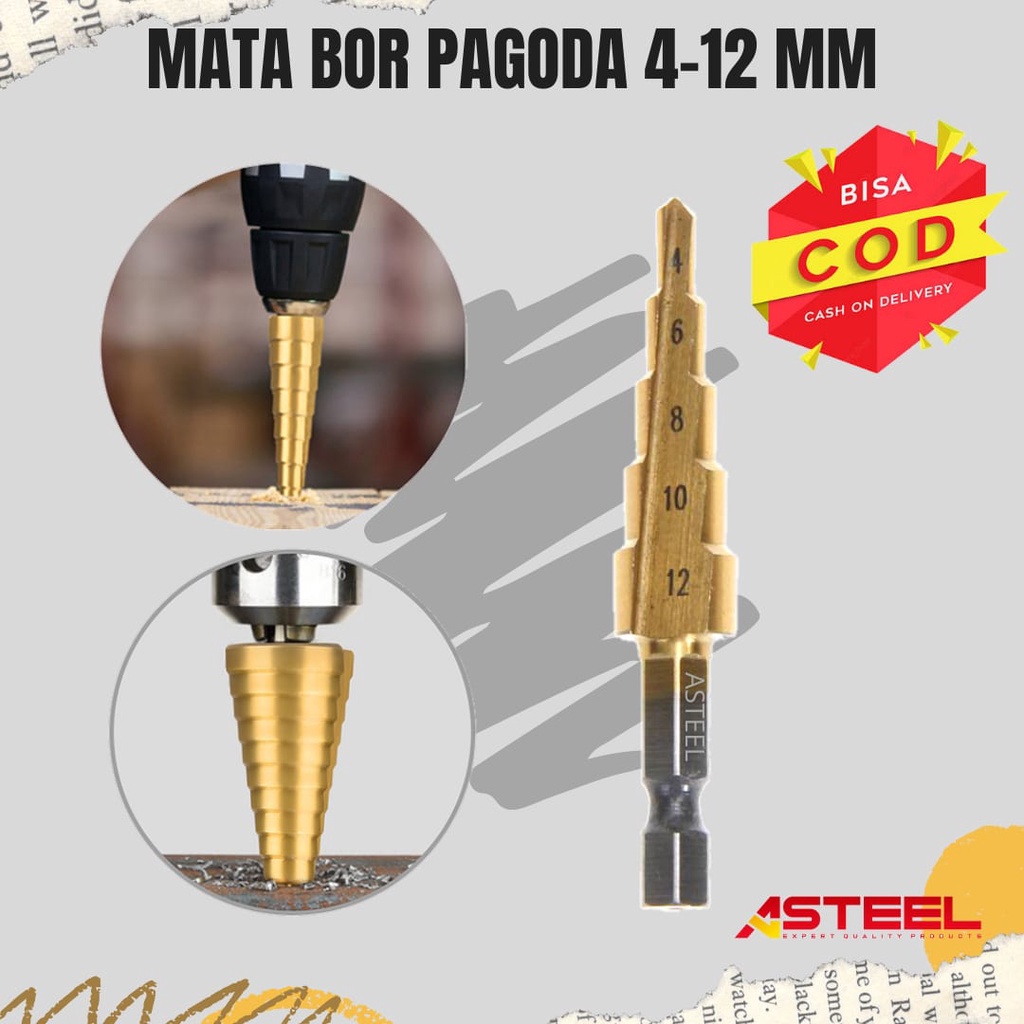 ASTEEL Mata Bor Pagoda Multi Step Drill High Speed Steel 4 -12 MM Titanium Coating Spiral Kerucut Tangga Payung Step Cone Drill Bits untuk melubang Besi Kayu Plastik Acrylic Karpet PVC Tembaga  - Mata Bor Bangunan