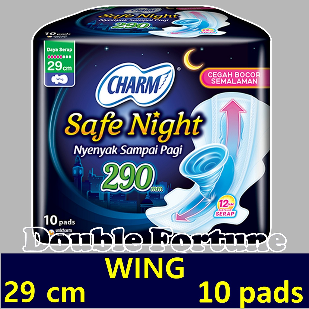 CHARM SAFE NIGHT WING 29CM ISI 10 PADS PEMBALUT WANITA SANITARY NAPKINS