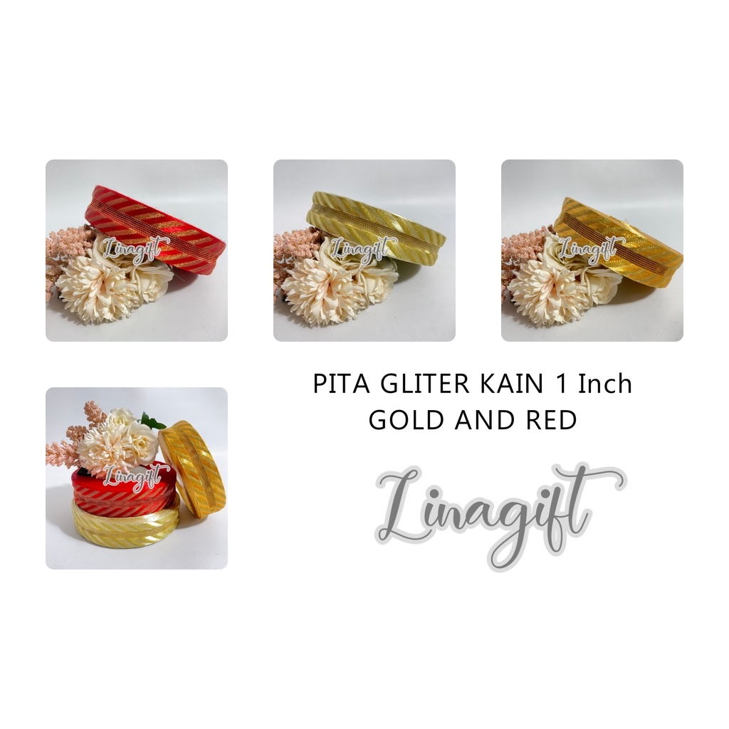 ( Rol 25 Yard ) PITA KAIN METALIK 1 INCH / 2.5 CM TAIWAN IMPORTED - GIFT RIBBON PITA KADO 1 IN RED / YELLOW / GOLD DOUBLE SIDE / 2 SISI EXCLUSIVE ELEGANT - KADO SOUVENIR LEBARAN SELAMAT IDUL FITRI HAPPY EID MUBARAK