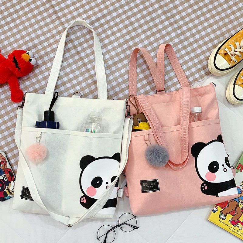 [littlecrab] Tote Bag Panda Imut Lucu Unisex Tas Totebag Resleting Multifungsi Berkualitas Tas Tote Kuliah Sekolah Motif Panda Pom-Pom Lucu Korean Style