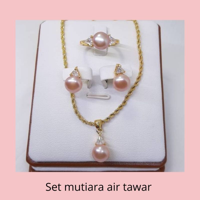 set perhiasan mutiara asli lombok set rhodium mutiara tawar