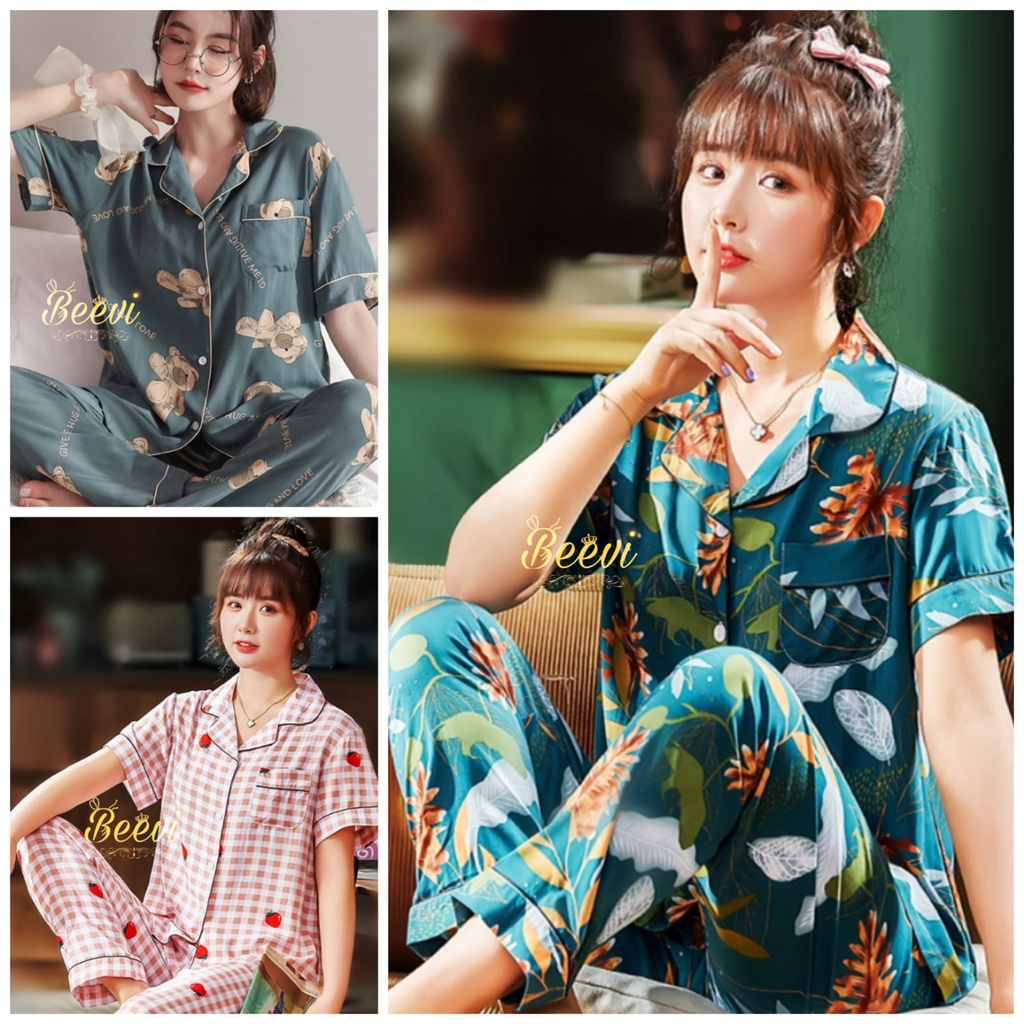 Beevi B501 B BAJU TIDUR PIYAMA SET KEMEJA CP LENGAN PENDEK CELANA PANJANG IMPORT PREMIUM BANYAK MOTI